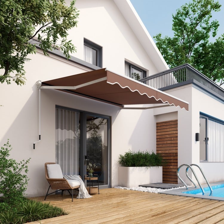 Retractable 8 x 6.6 feet patio awning in coffee color with wavy edge, ideal for outdoor shading and UV protection.