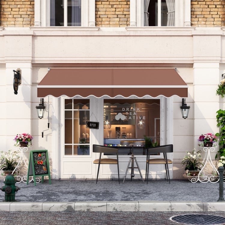 Close-up view of the coffee-colored 8 x 6.6 feet patio retractable awning, highlighting its decorative wavy edge design.