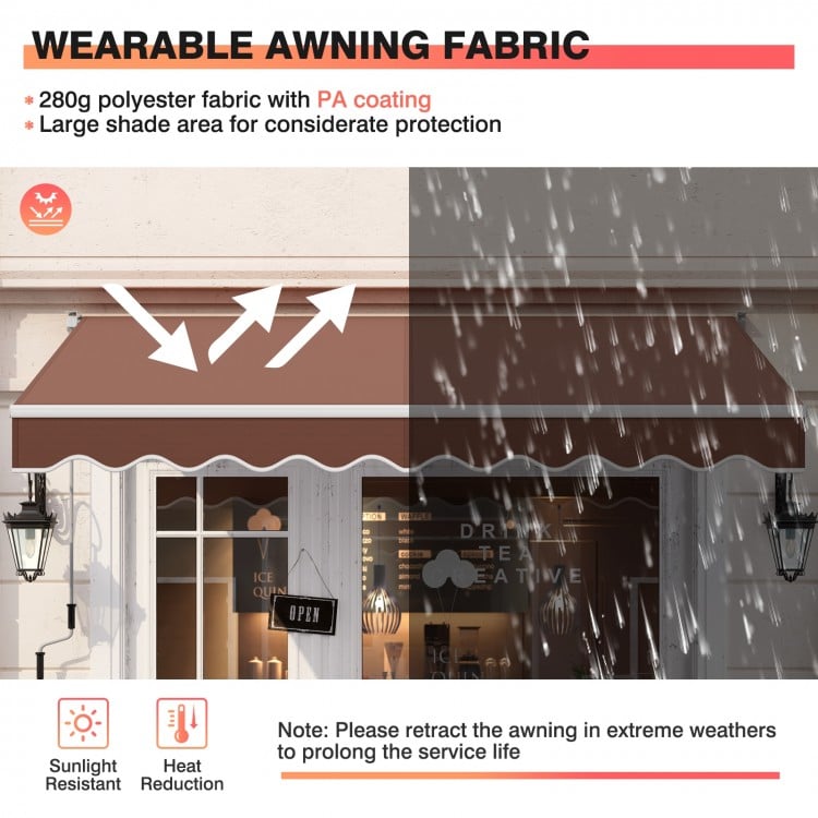 Retractable 8 x 6.6 feet patio awning in coffee color, made of waterproof polyester fabric for UV protection.