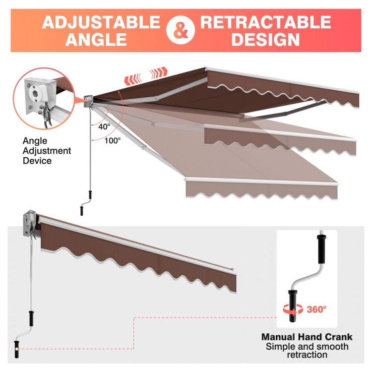 Retractable 8 x 6.6 feet patio awning with manual crank, adjustable angle, and durable waterproof polyester fabric.