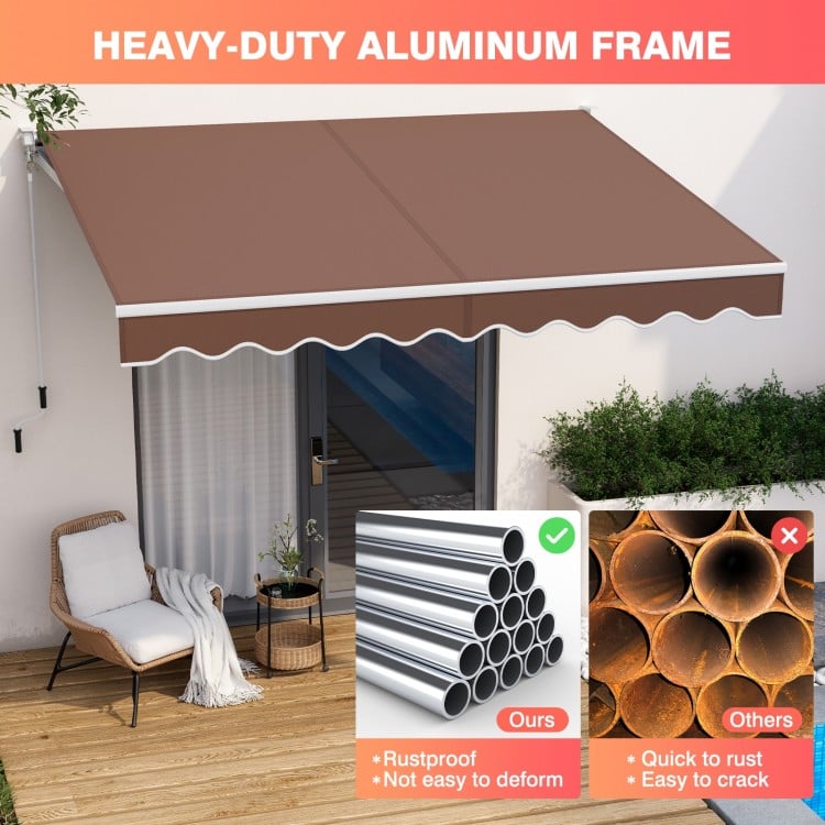 Retractable 8 x 6.6 feet patio awning in coffee color with heavy-duty aluminum frame for UV protection and durability.