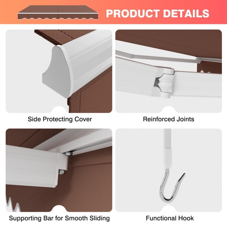 Detail of the 8 x 6.6 feet coffee patio retractable awning showing the functional hook and reinforced joints for.