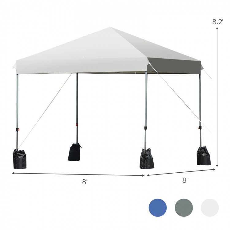 8’x8' outdoor pop-up canopy tent in white with adjustable height, ideal for parties and camping, includes roller bag.