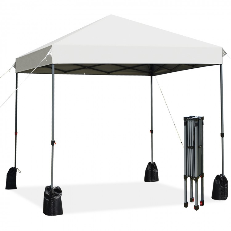 8'x8' outdoor pop-up canopy tent in white with a sturdy steel frame, adjustable height, and portable roller bag for.