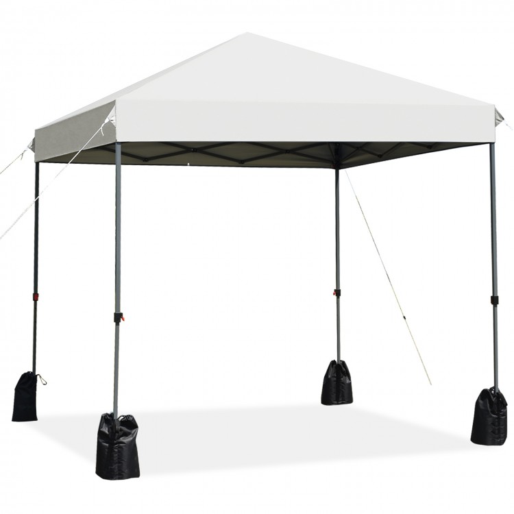8’x8' white outdoor pop-up canopy tent with adjustable height, portable roller bag, and stability accessories for.