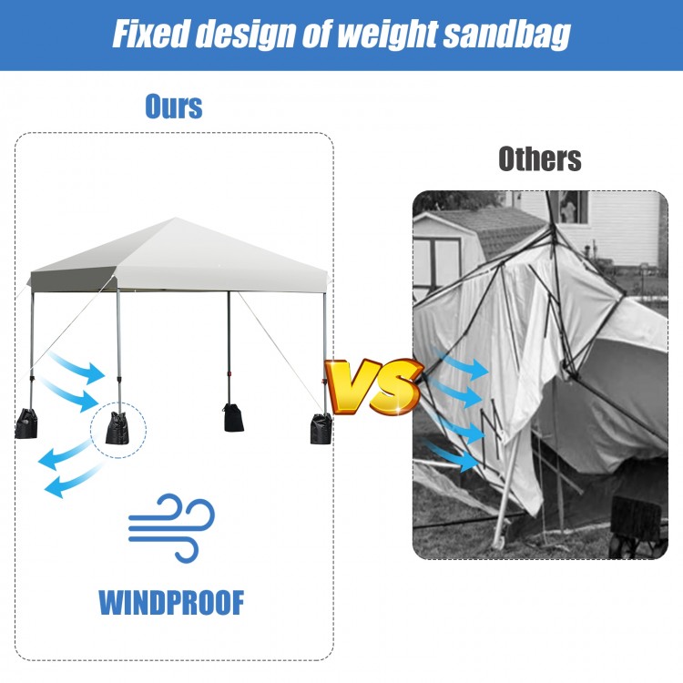 8'x8' outdoor pop-up canopy tent with adjustable height, sturdy steel frame, and included sandbags for stability.