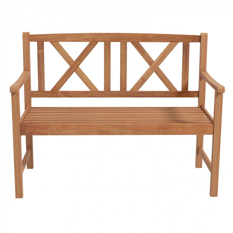 2-person outdoor bench made of acacia wood with cozy armrests and slatted seat, perfect for garden or patio use.