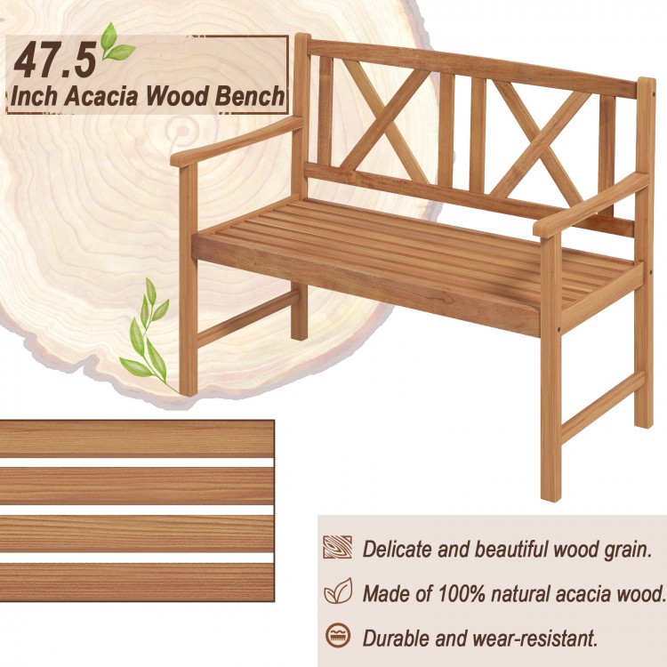 2-person acacia wood outdoor bench with cozy armrests, slatted seat design, perfect for garden or patio use.