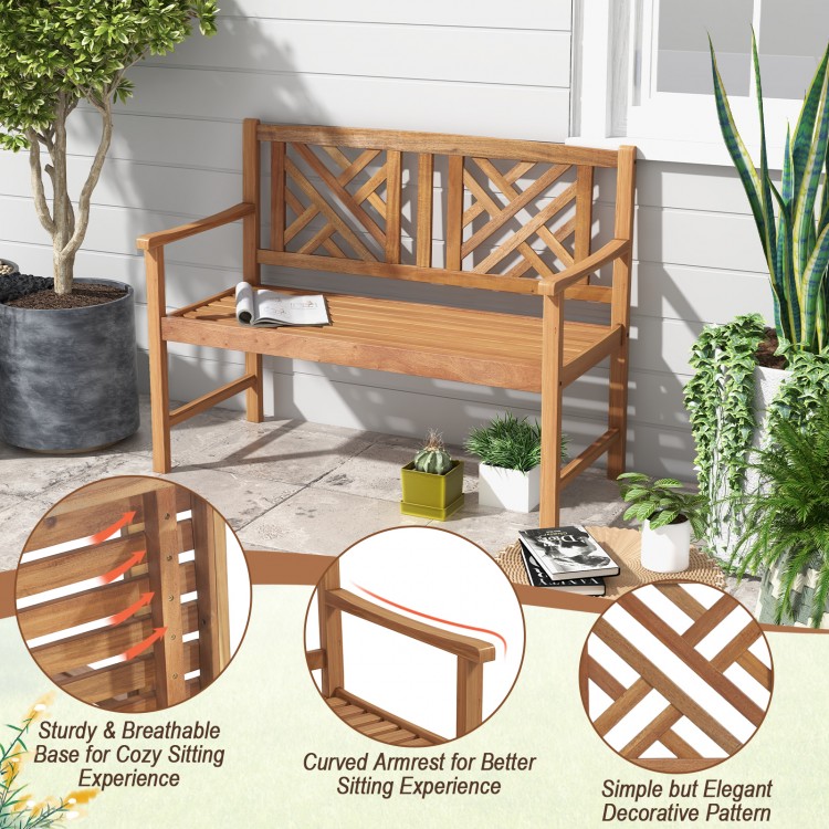 2-person wooden outdoor bench with curved armrests, slatted seat design, and attractive backrest pattern for garden use.