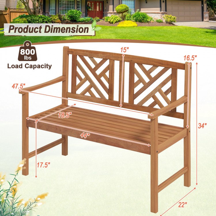 2-person wooden outdoor bench with cozy armrests, slatted seat design, and 800 lbs load capacity for garden or patio.