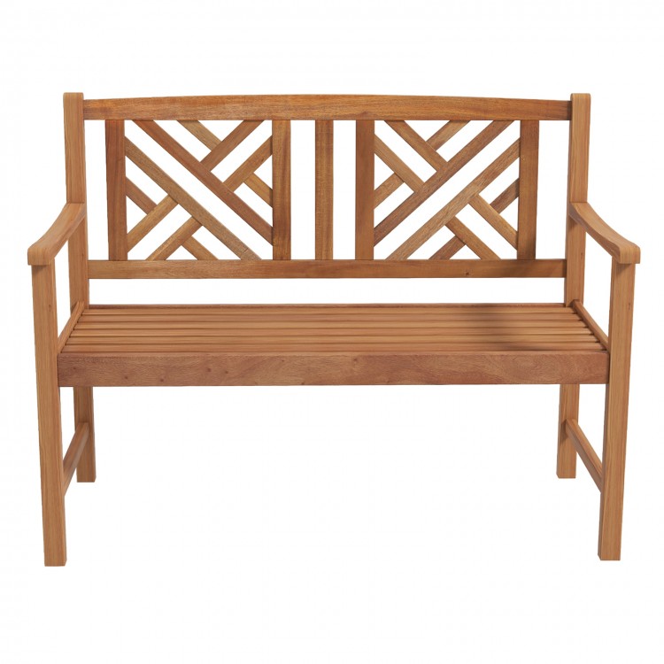 2-person wooden outdoor bench with cozy armrests and eye-catching backrest patterns, made of durable acacia wood.