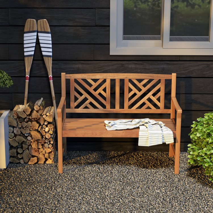 2-person wooden outdoor bench with cozy armrests and slatted seat design, perfect for garden or patio relaxation.