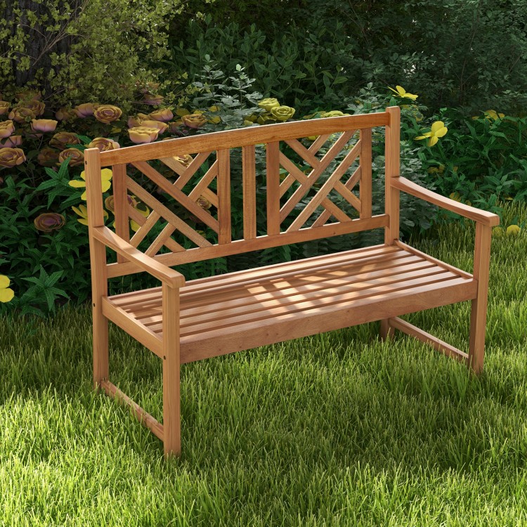 2-person wooden outdoor bench with cozy armrests and attractive backrest patterns, perfect for garden or patio use.