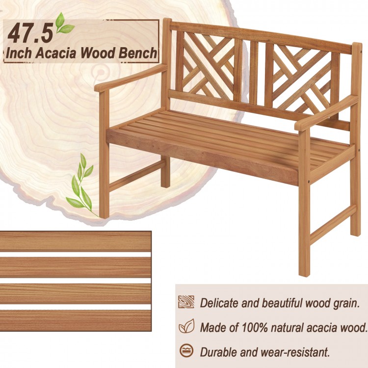 2-person acacia wood outdoor bench with cozy armrests and slatted seat design, perfect for garden or patio use.