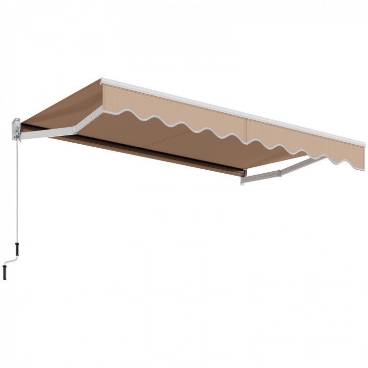 Retractable 10 x 8.2 feet awning in beige with manual crank handle, made of durable waterproof polyester for outdoor.