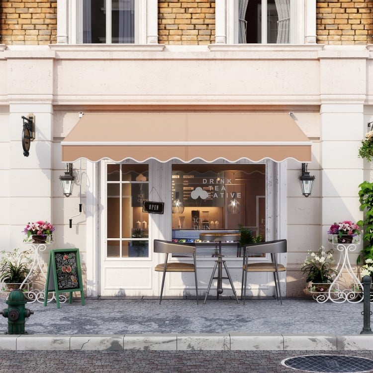 Retractable 10 x 8.2 feet beige awning with manual crank, providing durable waterproof shade for outdoor spaces.