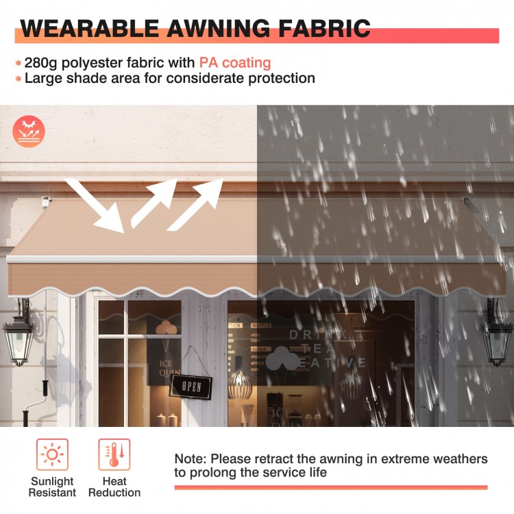 Retractable 10 x 8.2 feet awning in beige, featuring durable 280g polyester fabric and manual crank handle for easy.