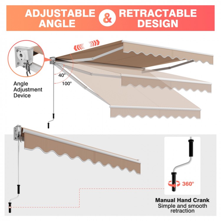Retractable awning with manual crank handle, 10' x 8.2', adjustable angle, beige waterproof polyester for outdoor.
