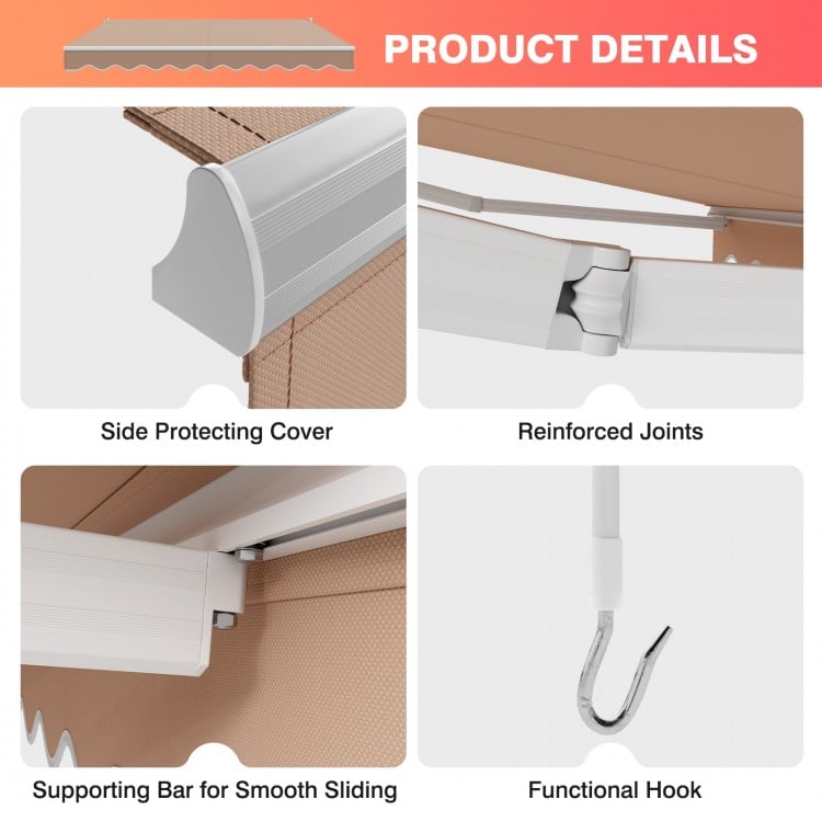 Detail of the 10 x 8.2 feet retractable awning showing reinforced joints and functional hook for easy operation.