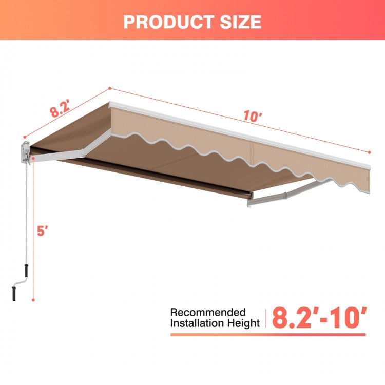 Retractable 10 x 8.2 feet awning in beige with manual crank handle, ideal for outdoor shading over 8.2'-10' walls.