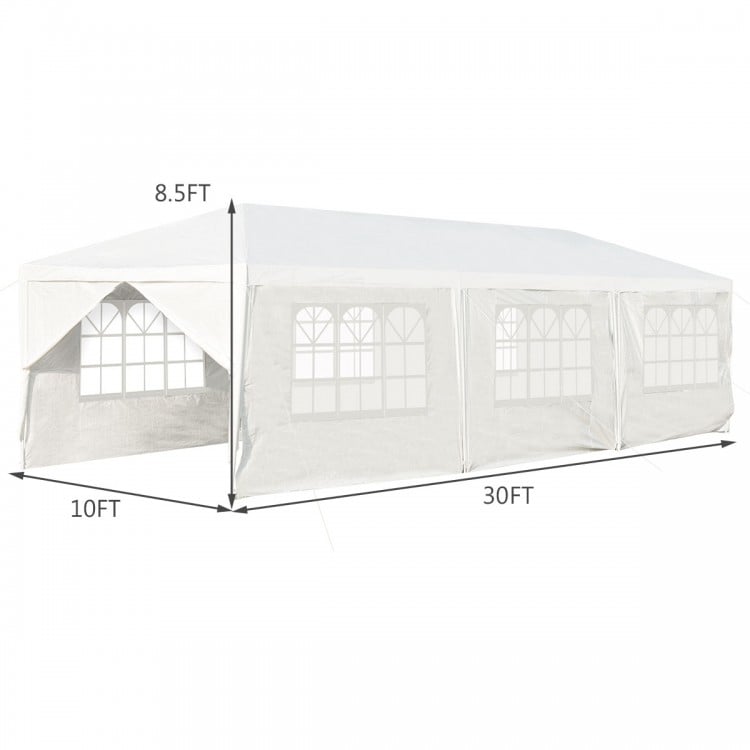 Side view of the 10 x 30 feet outdoor canopy tent with straight leg design and large church windows for enhanced.