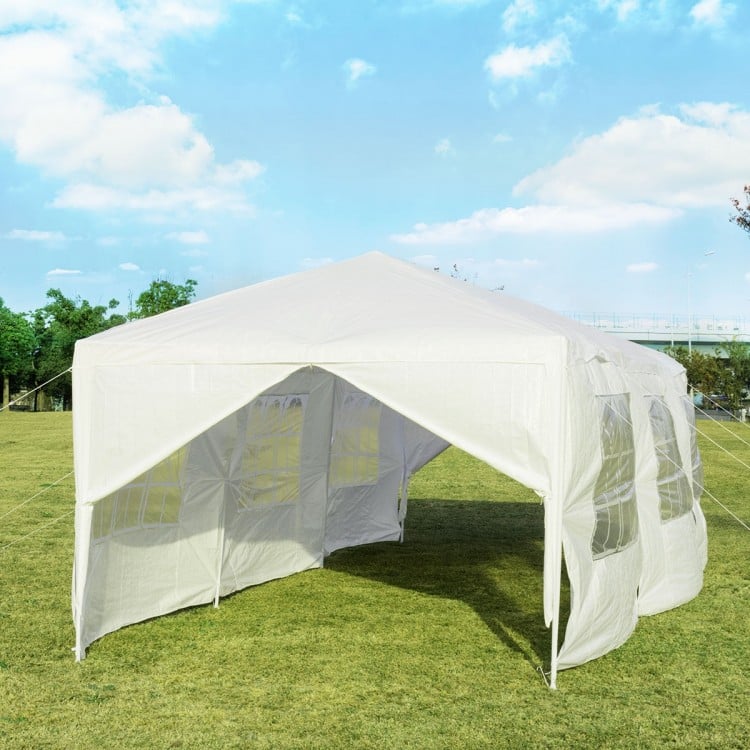 10 x 30 feet outdoor canopy tent with 6 removable sidewalls and 2 doorways, ideal for events and backyard gatherings.