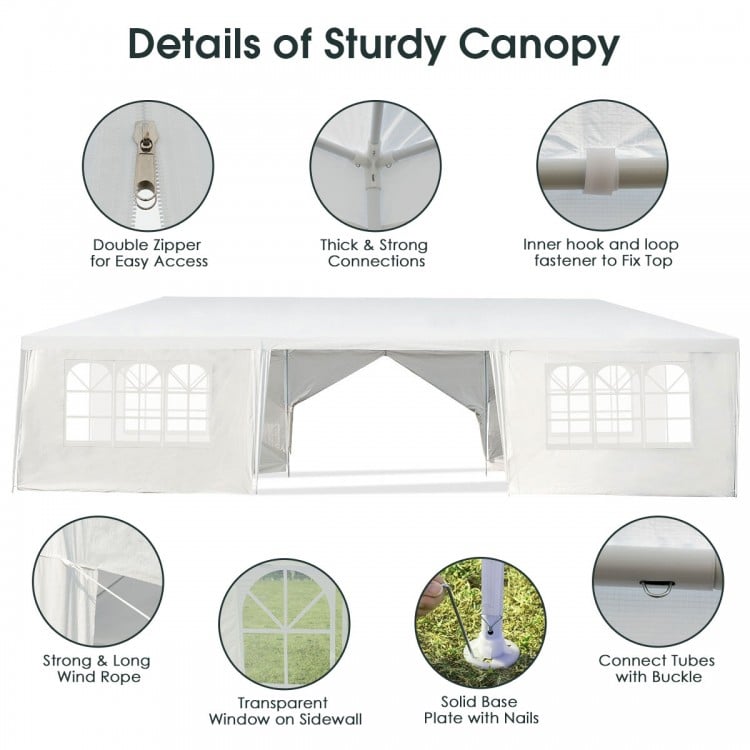 Detail view of the 10 x 30 feet outdoor canopy tent showcasing removable sidewalls and strong wind-resistant design.