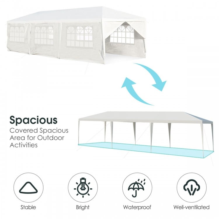 Spacious 10 x 30 feet outdoor canopy tent with 6 removable sidewalls, waterproof design, ideal for events and parties.