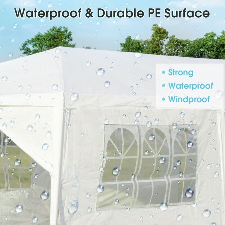 Waterproof and durable PE surface of a 10 x 30 feet outdoor canopy tent with removable sidewalls for events.