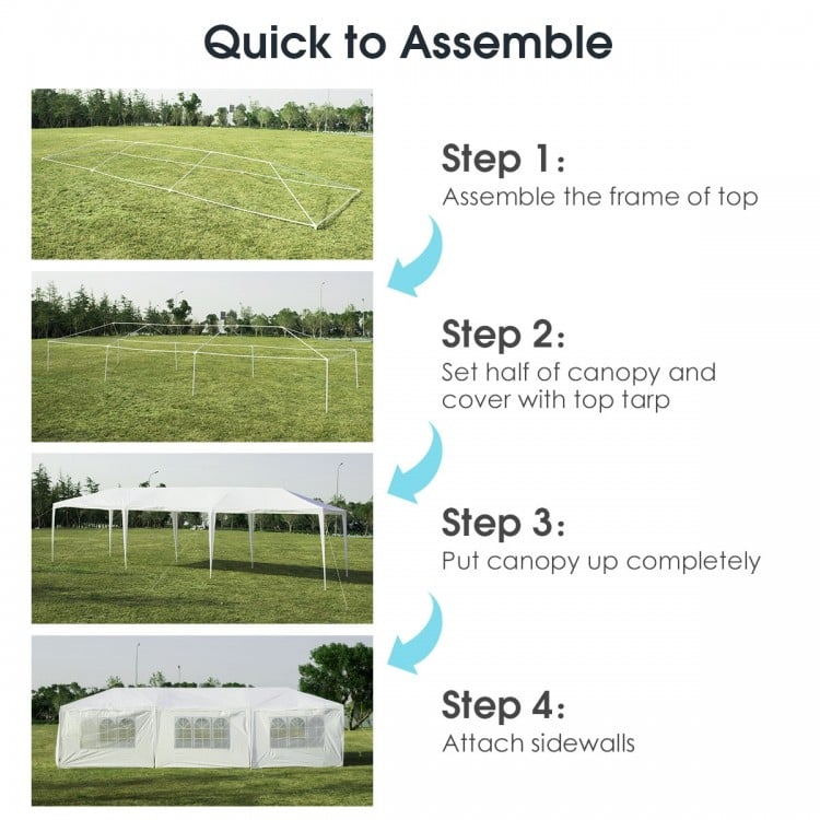 Step-by-step assembly guide for the 10 x 30 feet outdoor canopy tent with removable sidewalls and doorways.