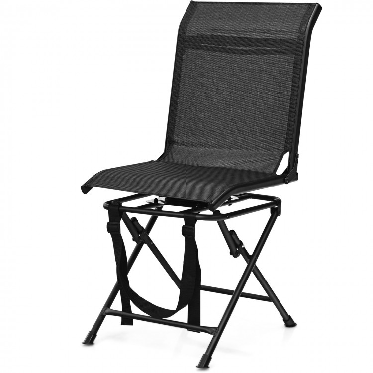 Black foldable 360-degree swivel chair with iron frame, featuring a lightweight design and water-resistant mesh for.