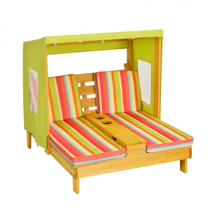 Kids patio lounge chair with awning, multicolor cushions, cup holders, perfect for backyard relaxation and play.