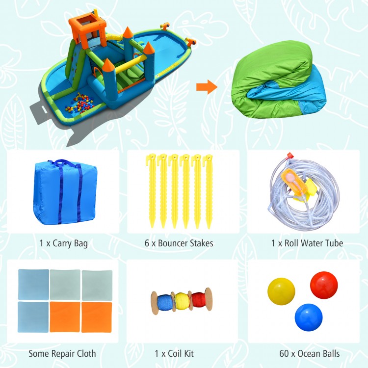 Inflatable water slide with bounce house, splash pool, and accessories for kids' outdoor fun in vibrant colors.