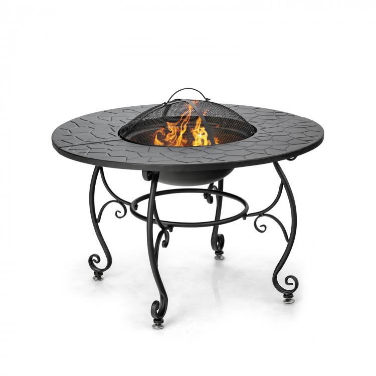 Side view of the 35.5-inch patio fire pit dining table, showcasing its elegant design and sturdy steel frame for.