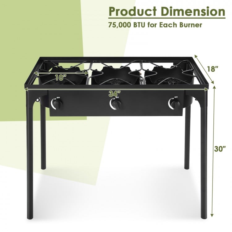 Portable propane 3 burner gas cooker with cast iron design, 225,000 BTU output, and detachable legs for easy transport.