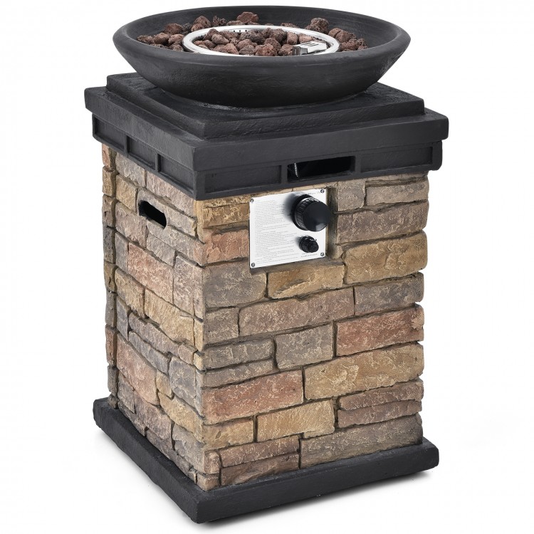 Brown outdoor propane burning fire bowl column with stacked stone look, 40,000 BTU heat output, ideal for patios and.