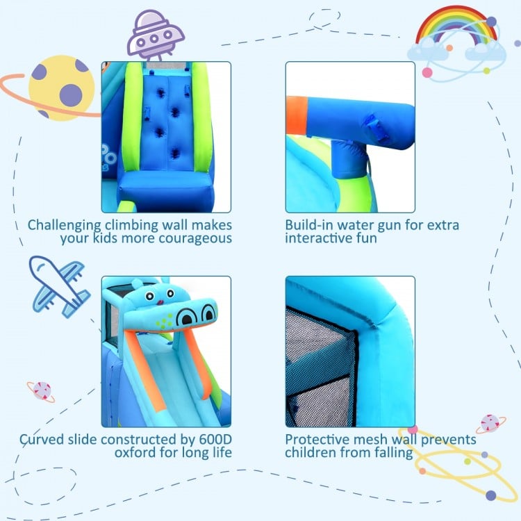 Hippo inflatable water slide with climbing wall, water cannon, and protective mesh, perfect for summer fun and safety.
