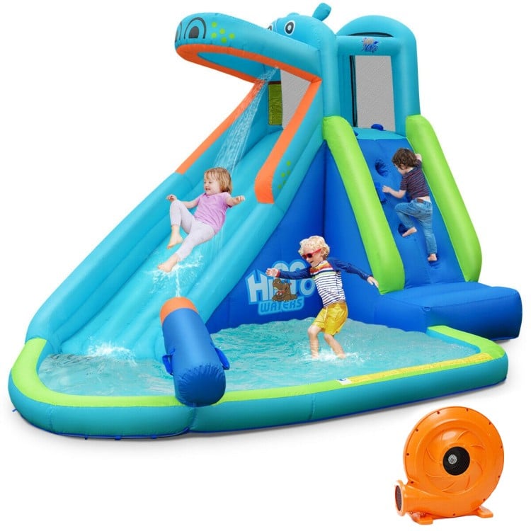 Hippo inflatable water slide bounce house with climbing wall and splash pool, perfect for summer fun and children's.