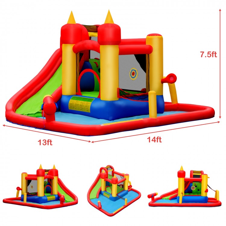 Inflatable water slide bounce house with climbing wall, splash pool, and water cannon for summer fun and safety.