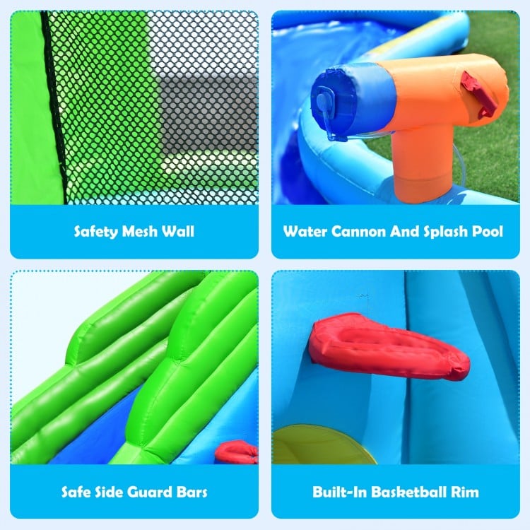 Safety mesh wall and water cannon on the Inflatable Crocodile Water Slide, perfect for outdoor fun and play.
