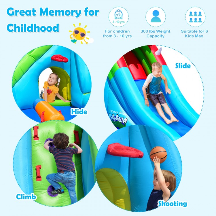Inflatable crocodile water slide with climbing wall, splash pool, and vibrant colors for outdoor fun, suitable for 6.