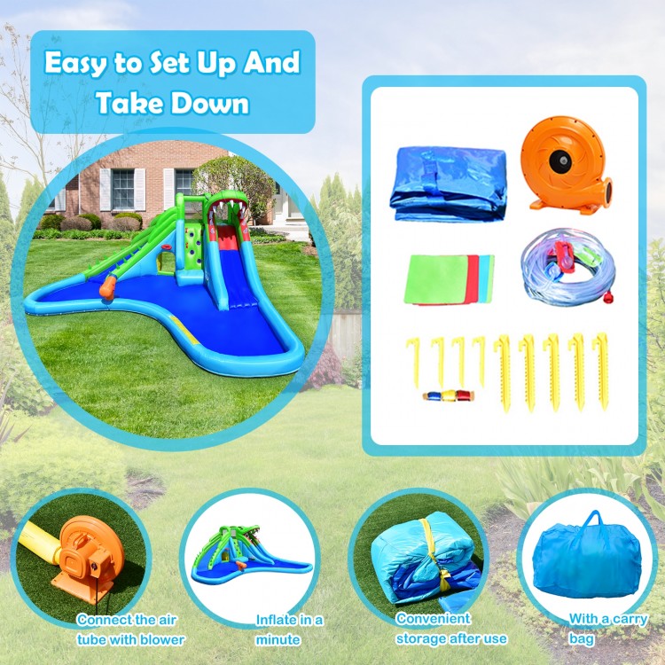 Inflatable crocodile water slide with climbing wall, made of premium oxford material, perfect for garden fun.