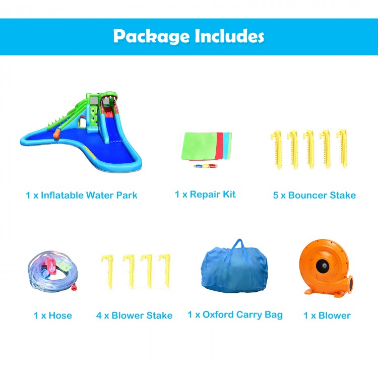 Inflatable Crocodile Water Slide with climbing wall, splash pool, and accessories for outdoor fun and stability.