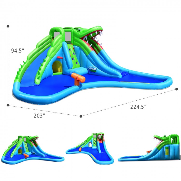 Inflatable crocodile water slide with climbing wall and splash pool, made of durable oxford material for outdoor fun.