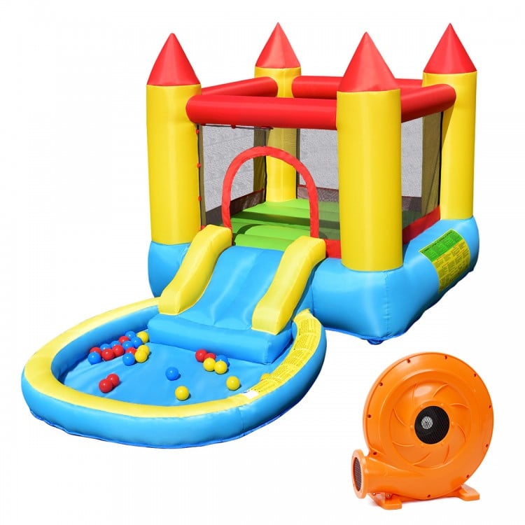 Inflatable kids slide bounce house with water slide and splash pool, featuring mesh walls for safety and a 580w blower.