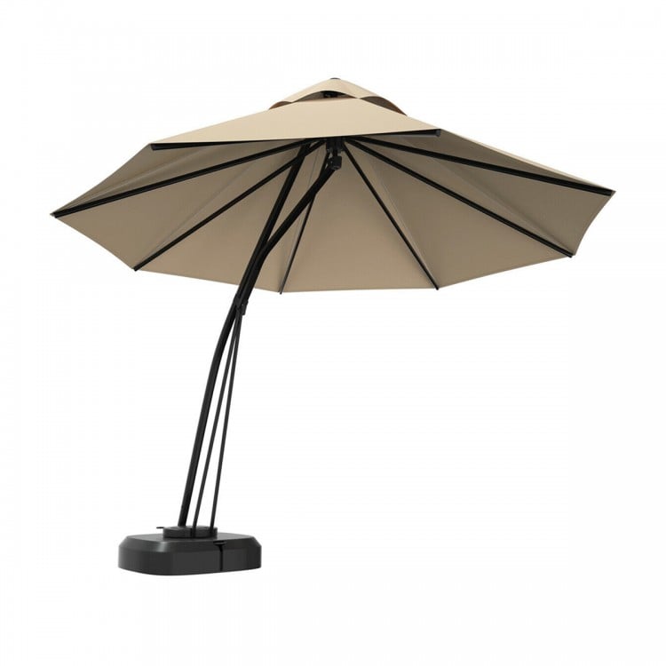 Beige 11 feet outdoor cantilever hanging umbrella with powder-coated aluminum frame and wheels for easy mobility.