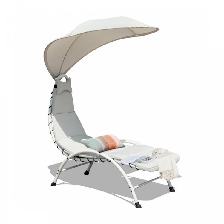 Patio hanging swing hammock chaise lounger chair with beige canopy, soft cushion, and ergonomic design for outdoor.