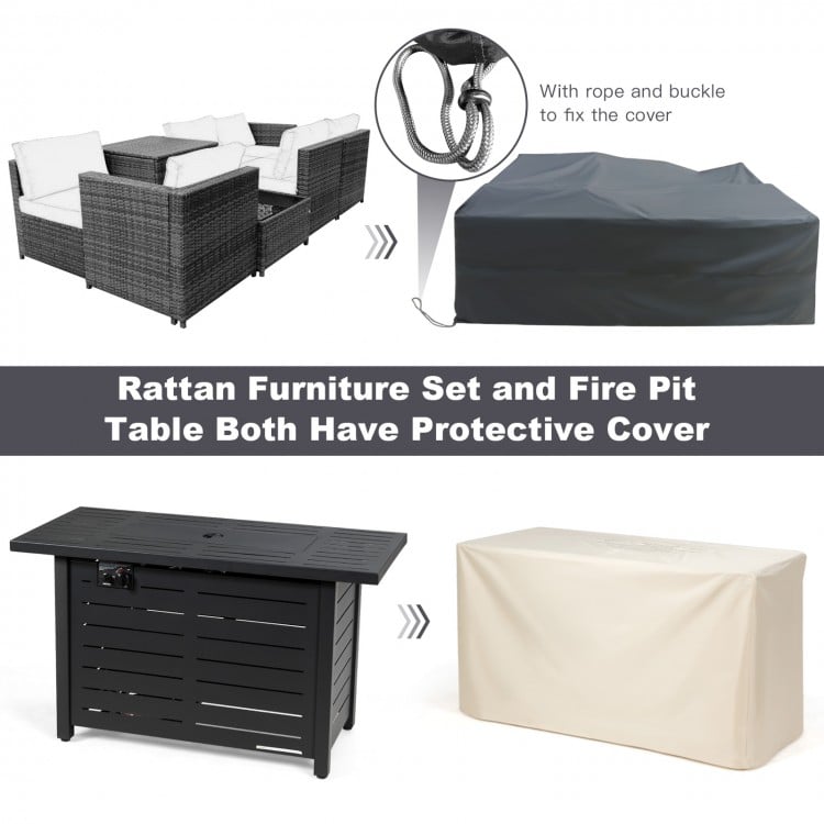 42-inch rectangular propane fire pit table with waterproof cover, featuring a sturdy steel design and 60,000 BTU heat.