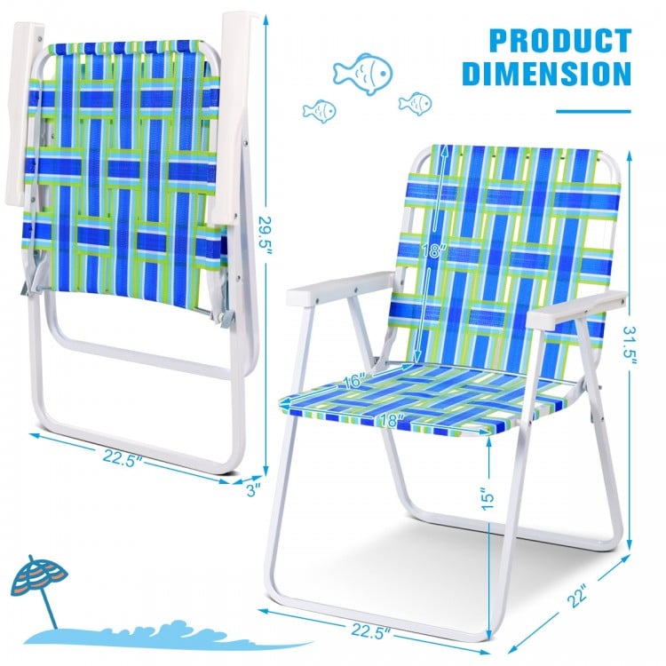 Folding beach chair in blue with reinforced steel frame, showcasing dimensions for easy transport and storage.