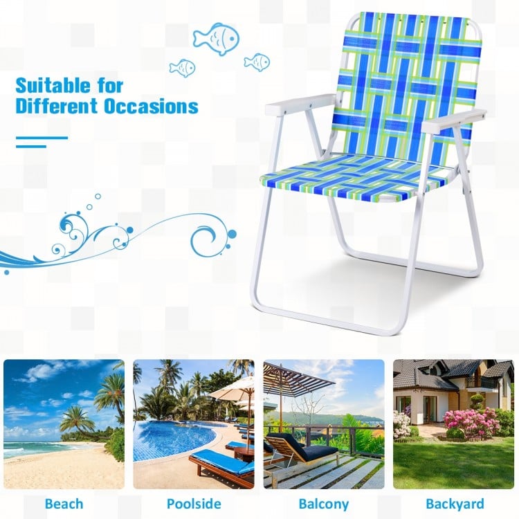 Folding beach chair in blue webbing with steel frame, perfect for camping and outdoor activities.